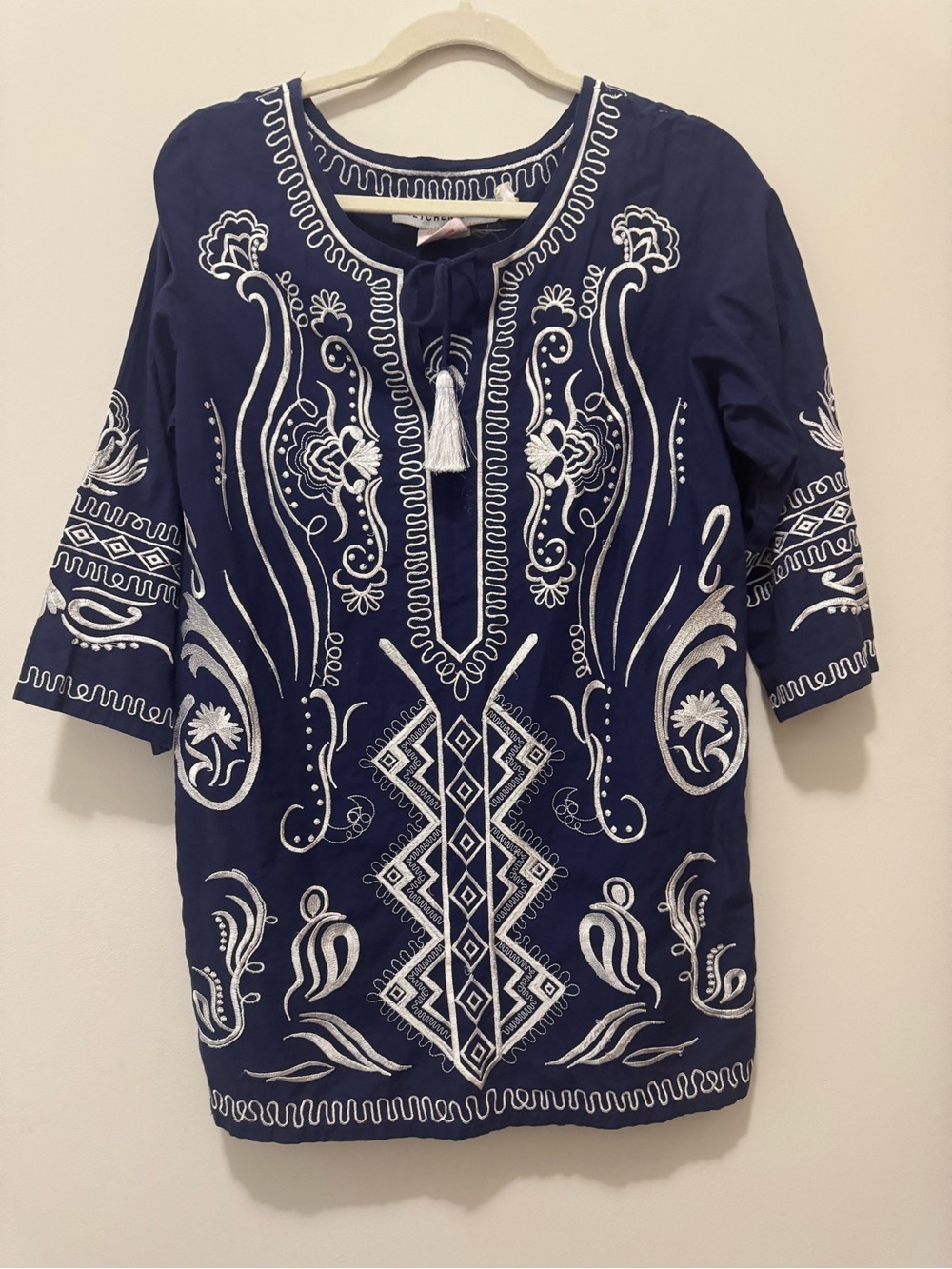 Gretchen Scott Navy Blue Embroidered Tunic Boho Artsy Tassles Sz S